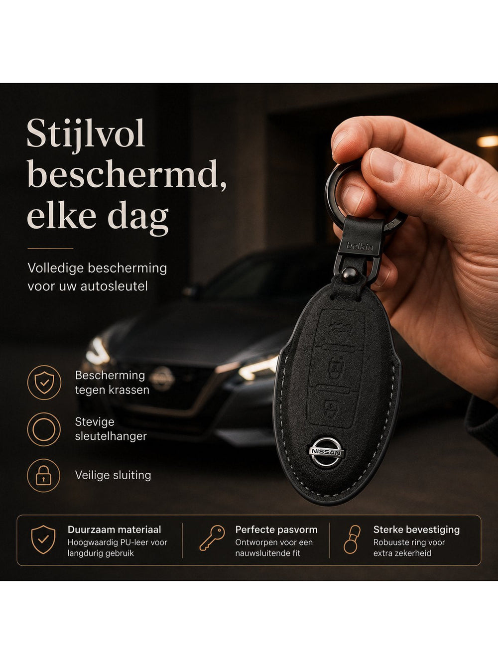 Torvane leren sleutelhoesje voor Nissan Type A zwart — afbeelding 2