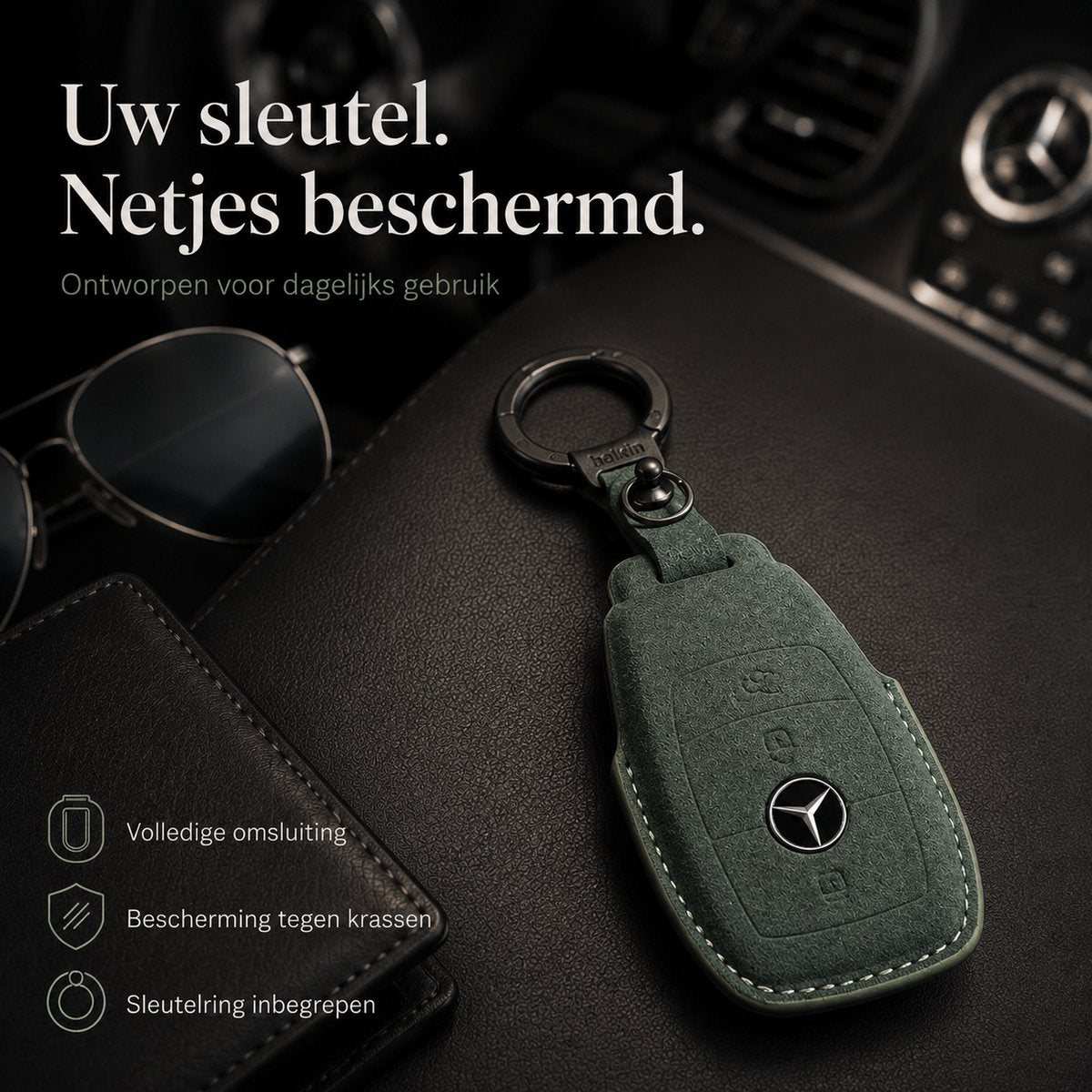 Groene sleutelhoes voor Mercedes-Benz Type C met metalen ring