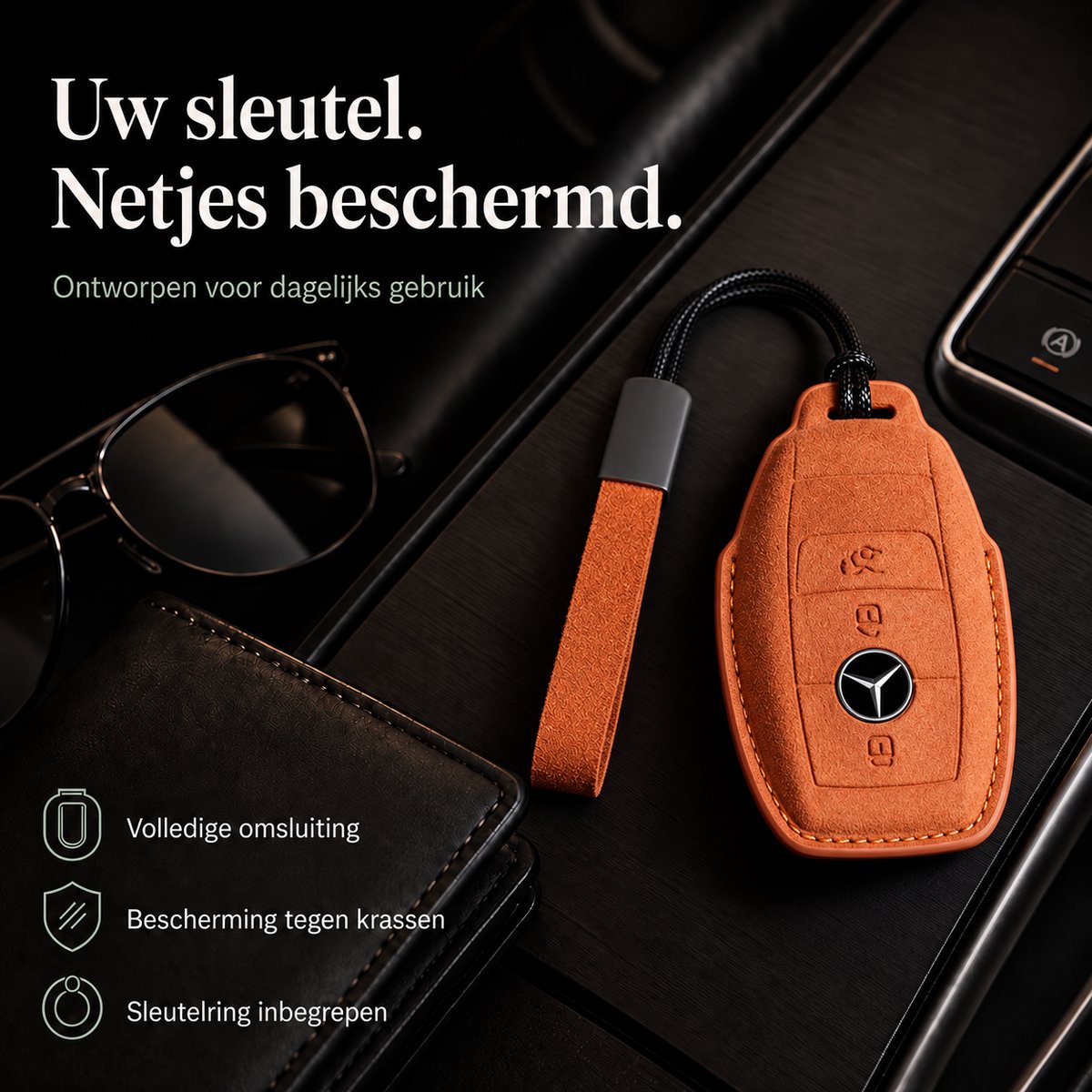 Oranje sleutelhoes voor Mercedes-Benz Type C met koord en draaglus