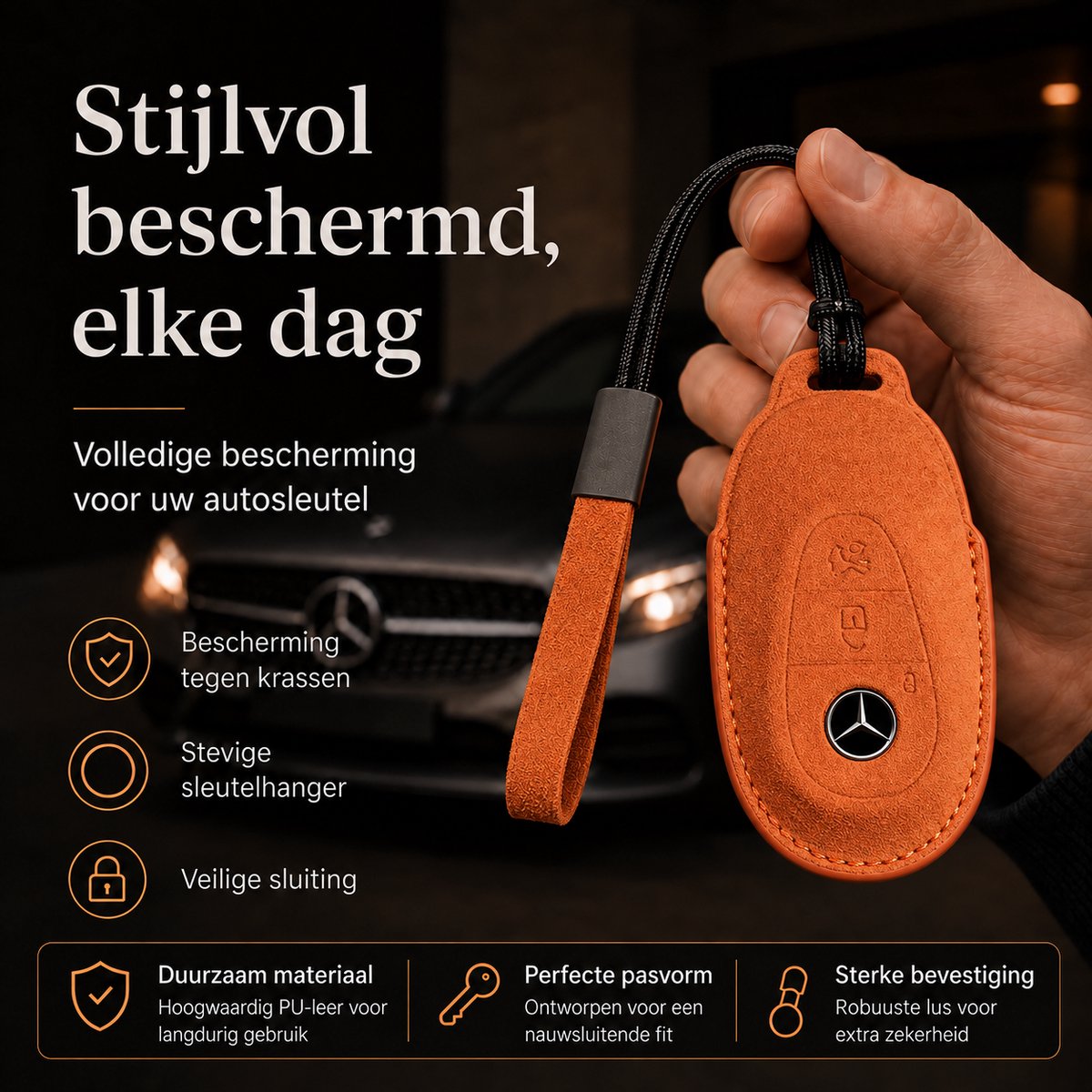 Oranje sleutelhoes voor Mercedes-Benz Type C met koord en draaglus — afbeelding 2