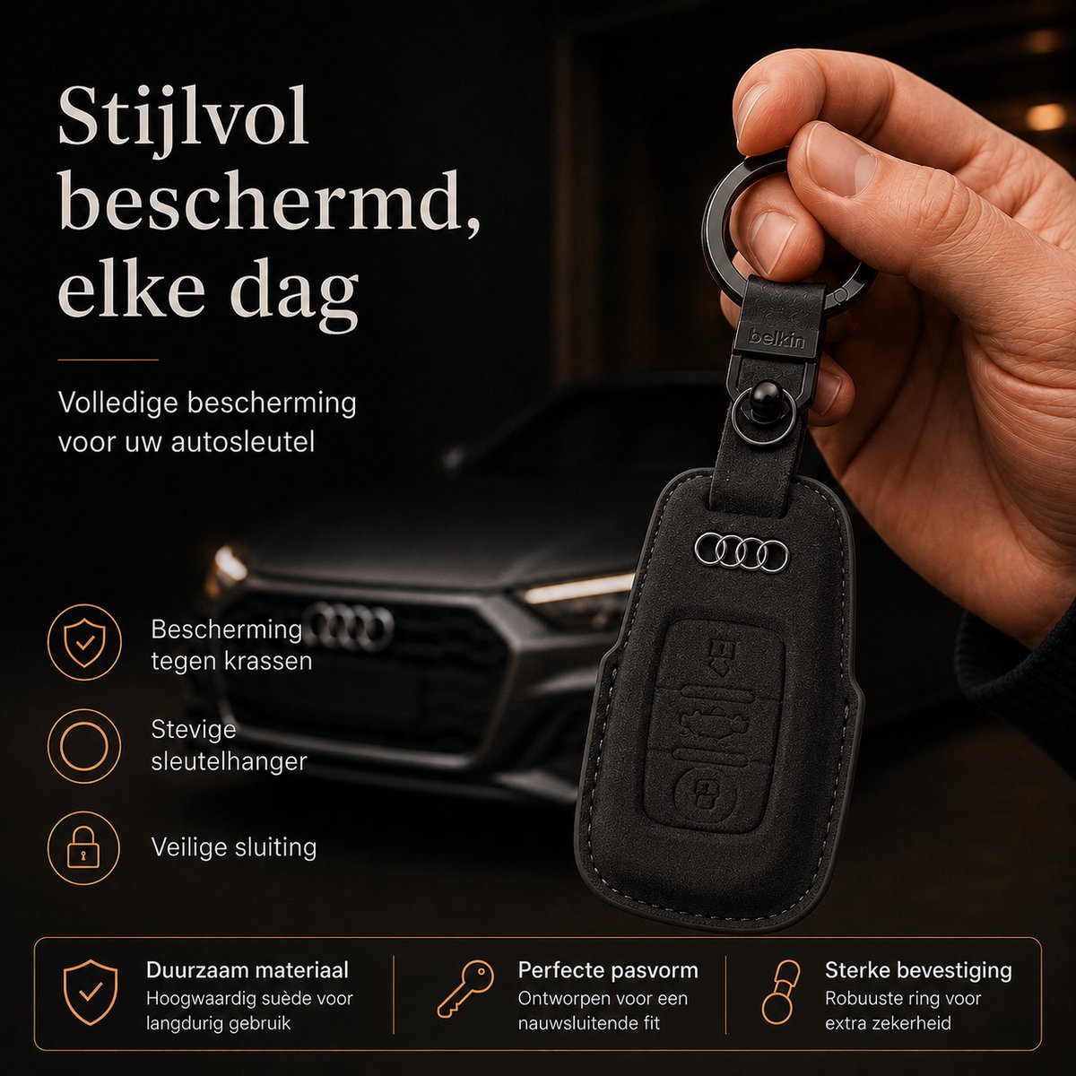 Torvane Audi Type B zwart met metalen sleutelring en hanger — afbeelding 3