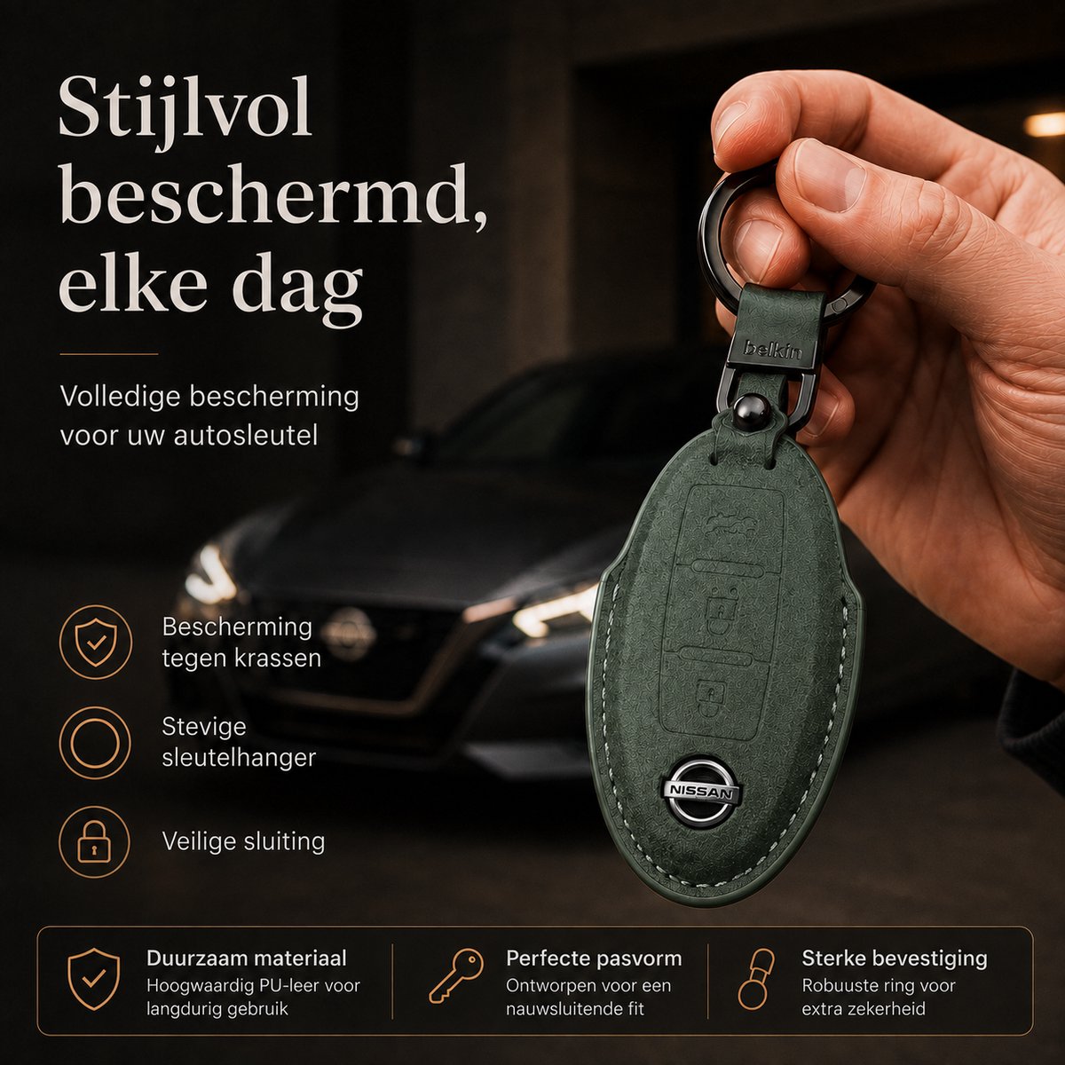 Torvane leren sleutelhoesje voor Nissan Type A groen — afbeelding 3