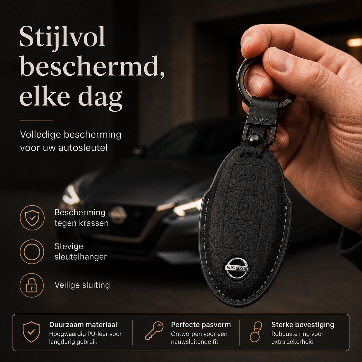 Torvane leren sleutelhoesje voor Nissan Type A zwart — afbeelding 2