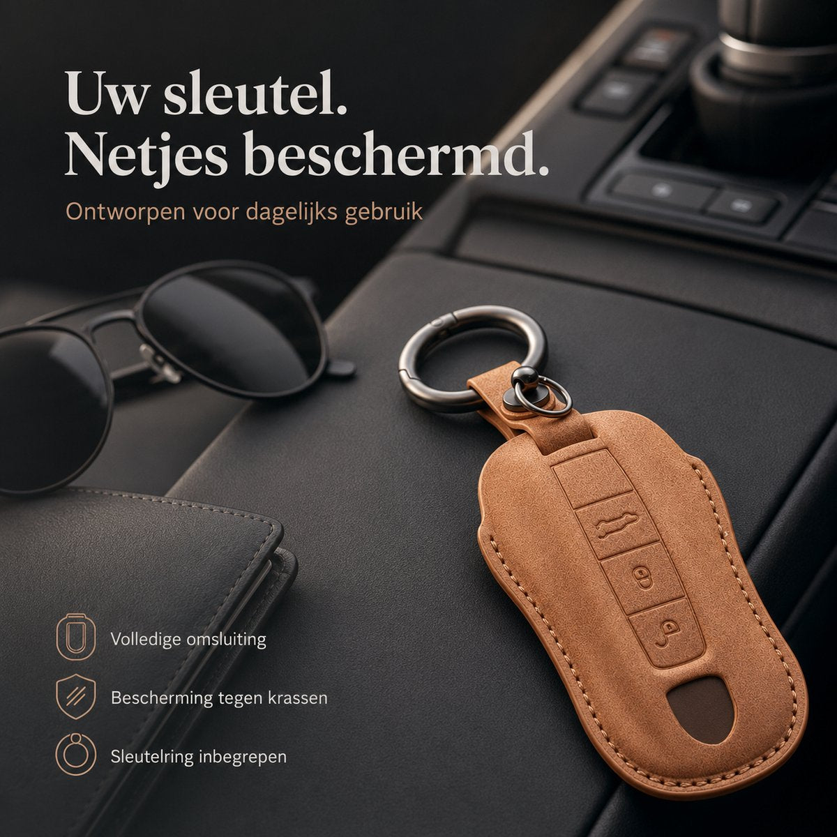 Torvane sleutelhoesje voor Porsche Type A Desert Cognac met metalen karabijnhaak — afbeelding 2