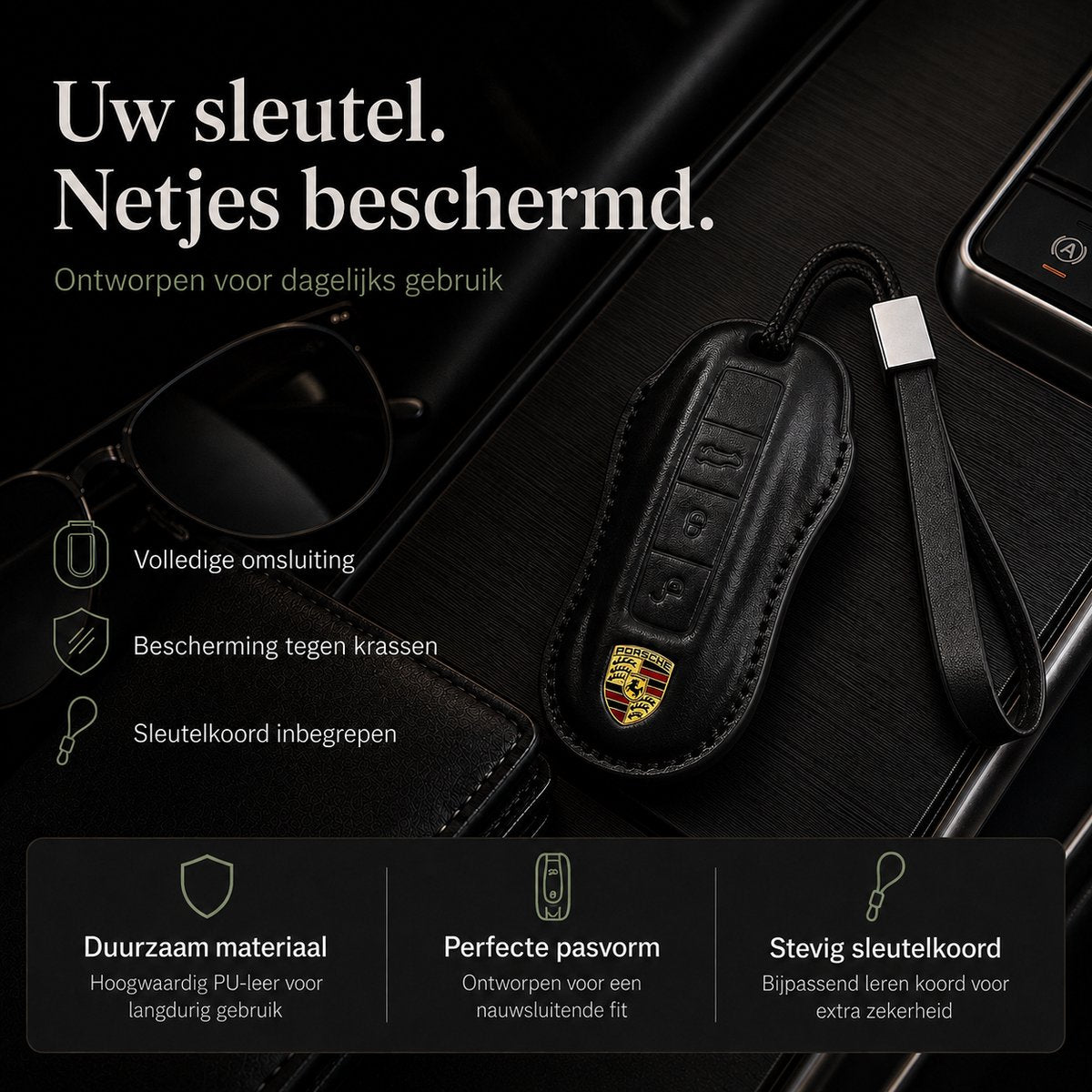 Torvane sleutelhoesje voor Porsche Type A zwart met leren koord en polslus